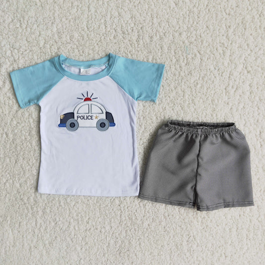 (Promotion)B18-4 Boys summer police car print embroideried outfits