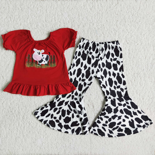 (Promotion) B18-13 Red cow embroideried top bell bottom pants outfits