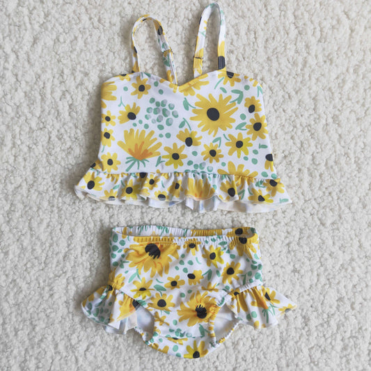 Girls yellow flower print 2 pcs swimsuits