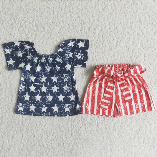 D13-29 Star short sleeve top stripes shorts girls 4th of july outfits