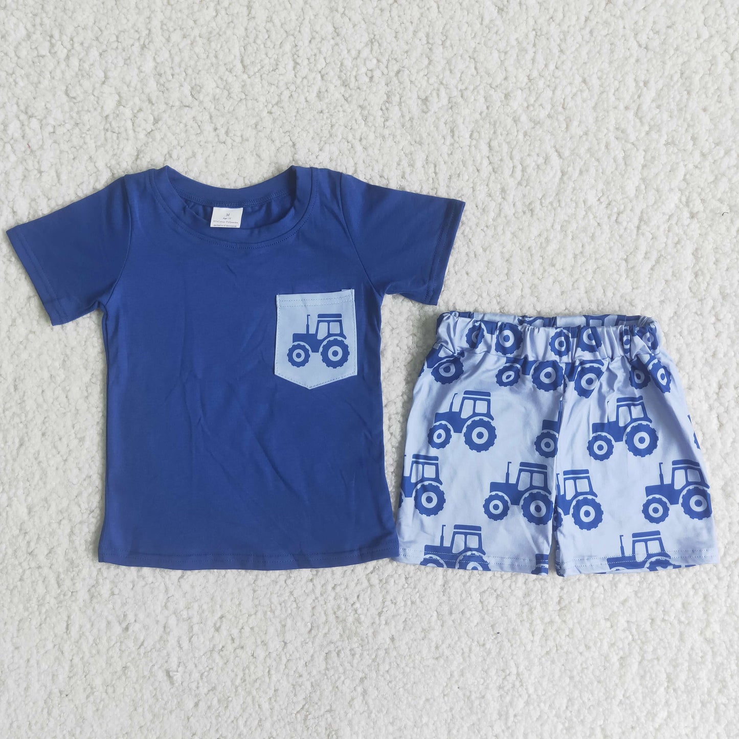 (Promotion)Boys blue cotton pocket top Tractors print shorts summer outfits C12-4