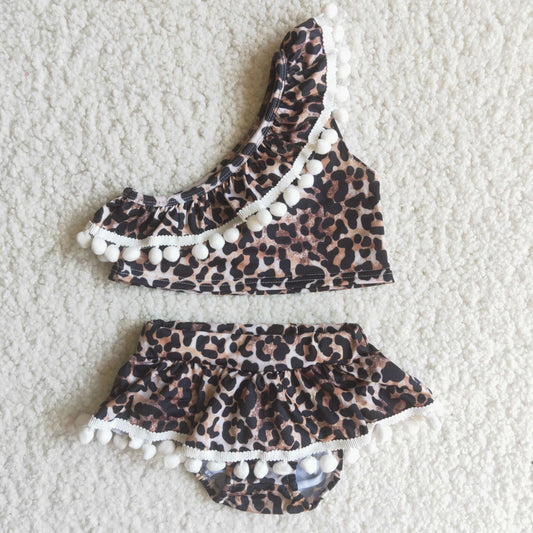 Girls leopard print pompom 2 pieces swimsuits C2-12