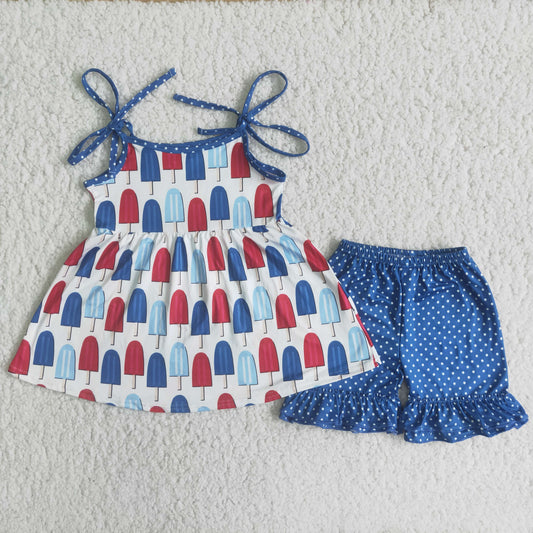 (Promotion)Popsicle Straps Tunic Top Ruffles Shorts Girls 4th of July Outfits