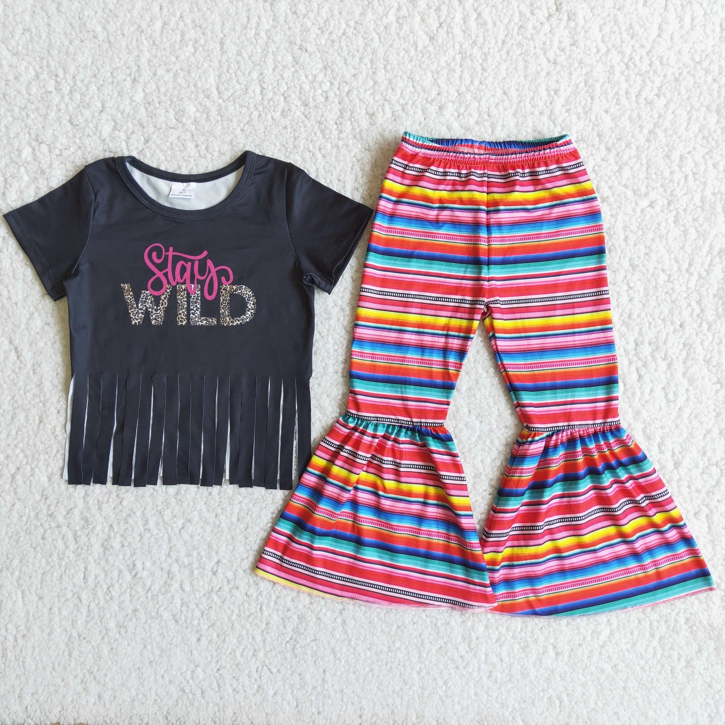 (Promotion)Stay wild tassels top stripes bell bottom pants Outfit D13-2