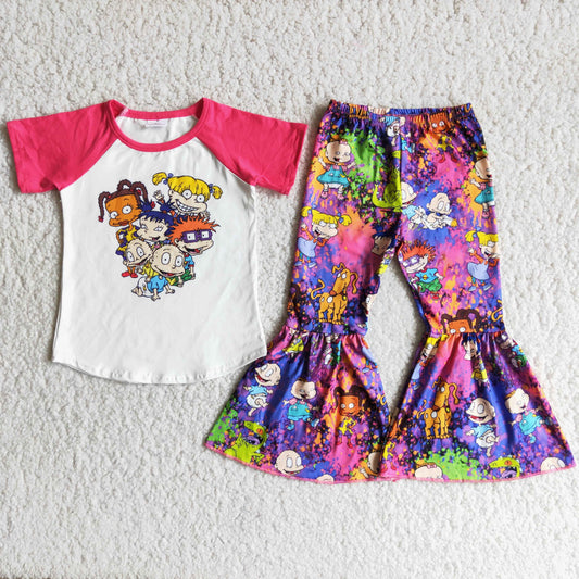 (Promotion)  C1-4 Short sleeve cartoon character print bell bottom pants outfits