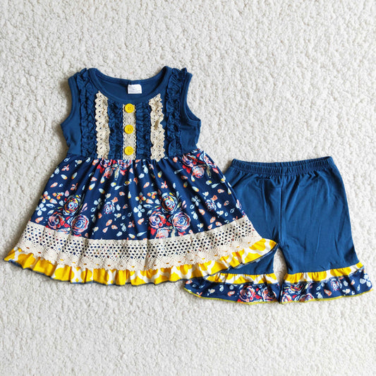 Sleeveless blue floral print ruffles shorts summer outfits C0-11