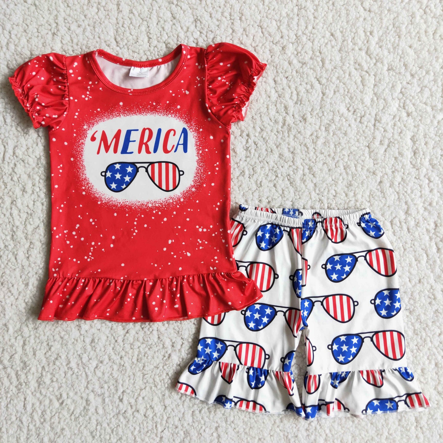 Short sleeve ruffles shorts 4th of July outfits  D9-17