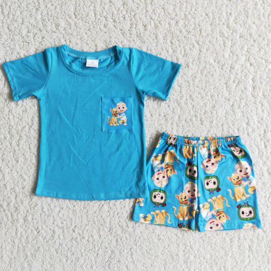 Boys blue cartoon print summer outfits D9-26