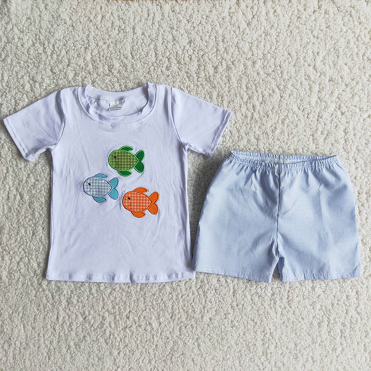 (Promotion)Boys 3 fish embroideried summer outfits