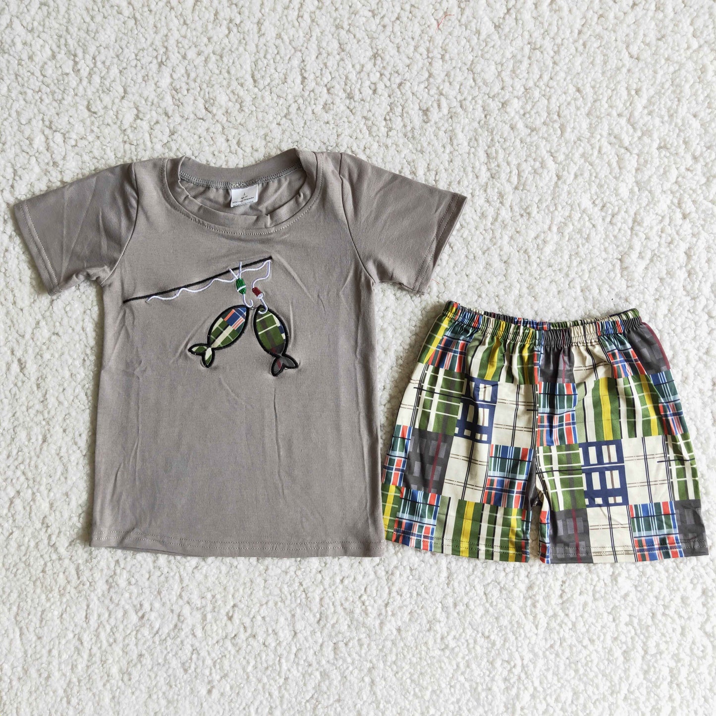 Boys grey cotton top fishing embroideried plaid summer outfits