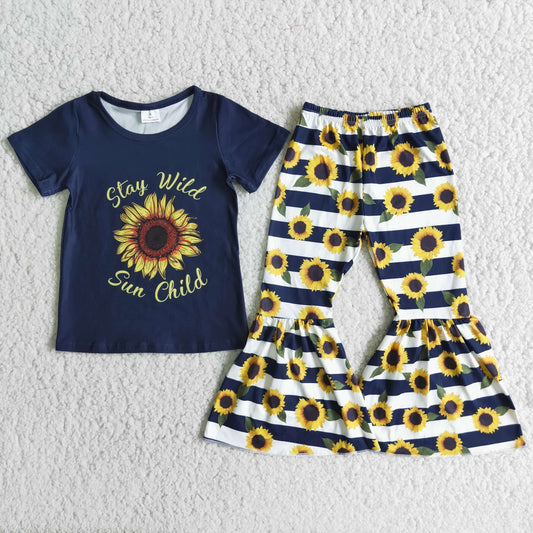 (Promotion)Stay Wild Sun Child sunflowers print bell bottom pants clothing set A2-3