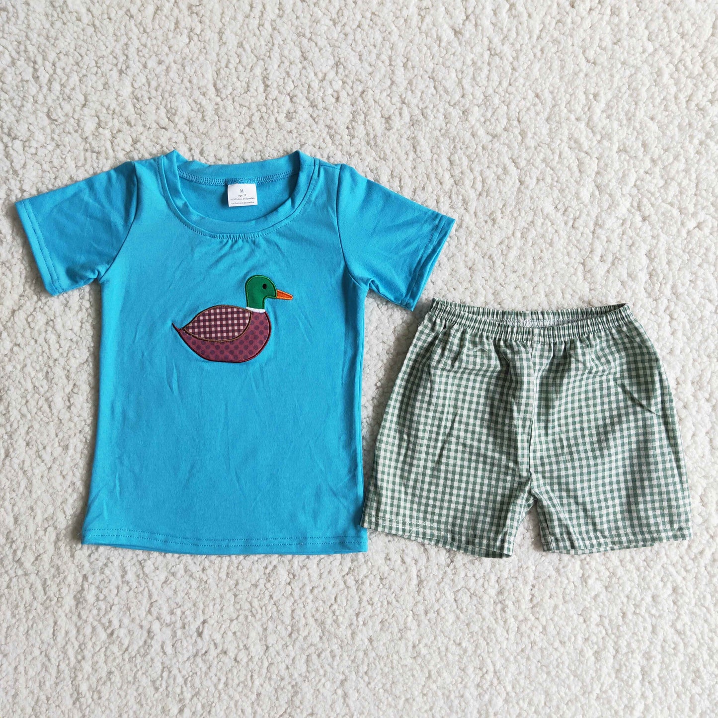 (Promotion)Boys blue cotton top duck embroideried green plaid shorts summer outfits