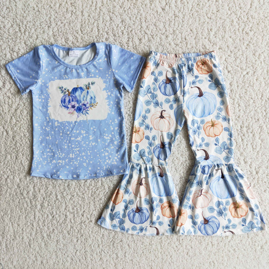 (Promotion) Short top and bell bottom pants blue pumpkin outfits   B9-13