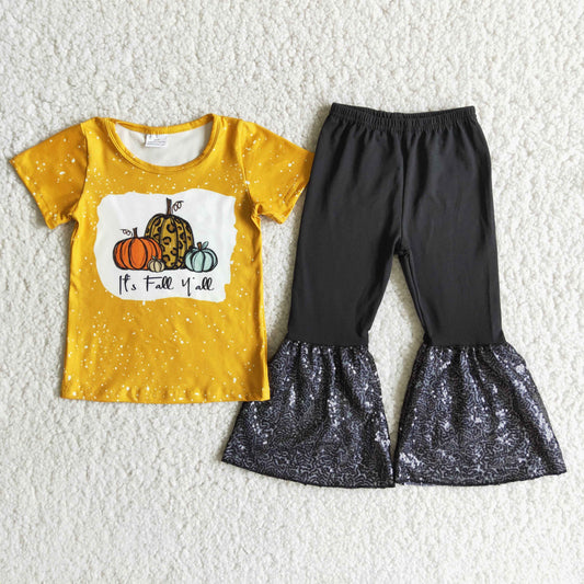 (Promotion)A2-12 It's fall y'all mustard pumpkin top black sequin ruffle bell pants outfits