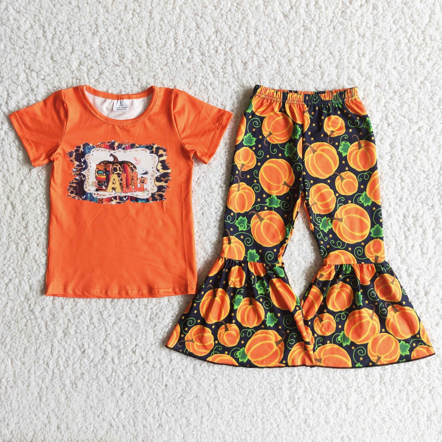 (Promotion)B6-1 Fall Pumpkin Orange Top Bell Pants Girls Clothes Set