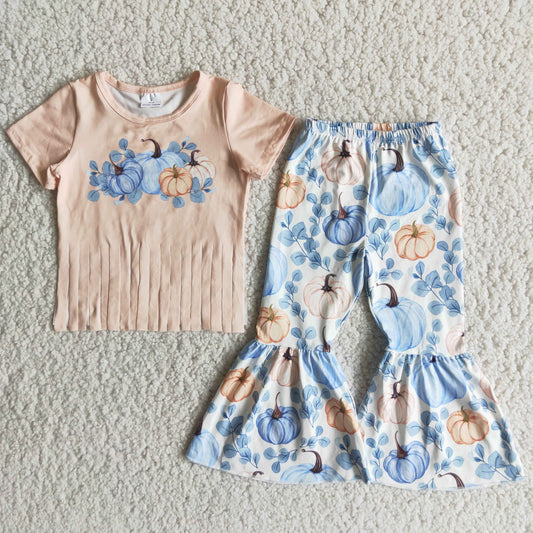 (Promotion)C10-9 Short tassels top and bell pants blue pumpkin outfits