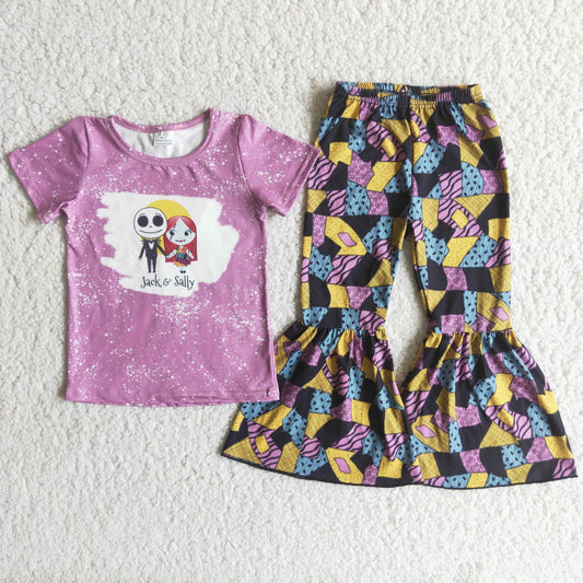 Purple bleached top patchwork print bell pants girls Halloween outfits    C9-13