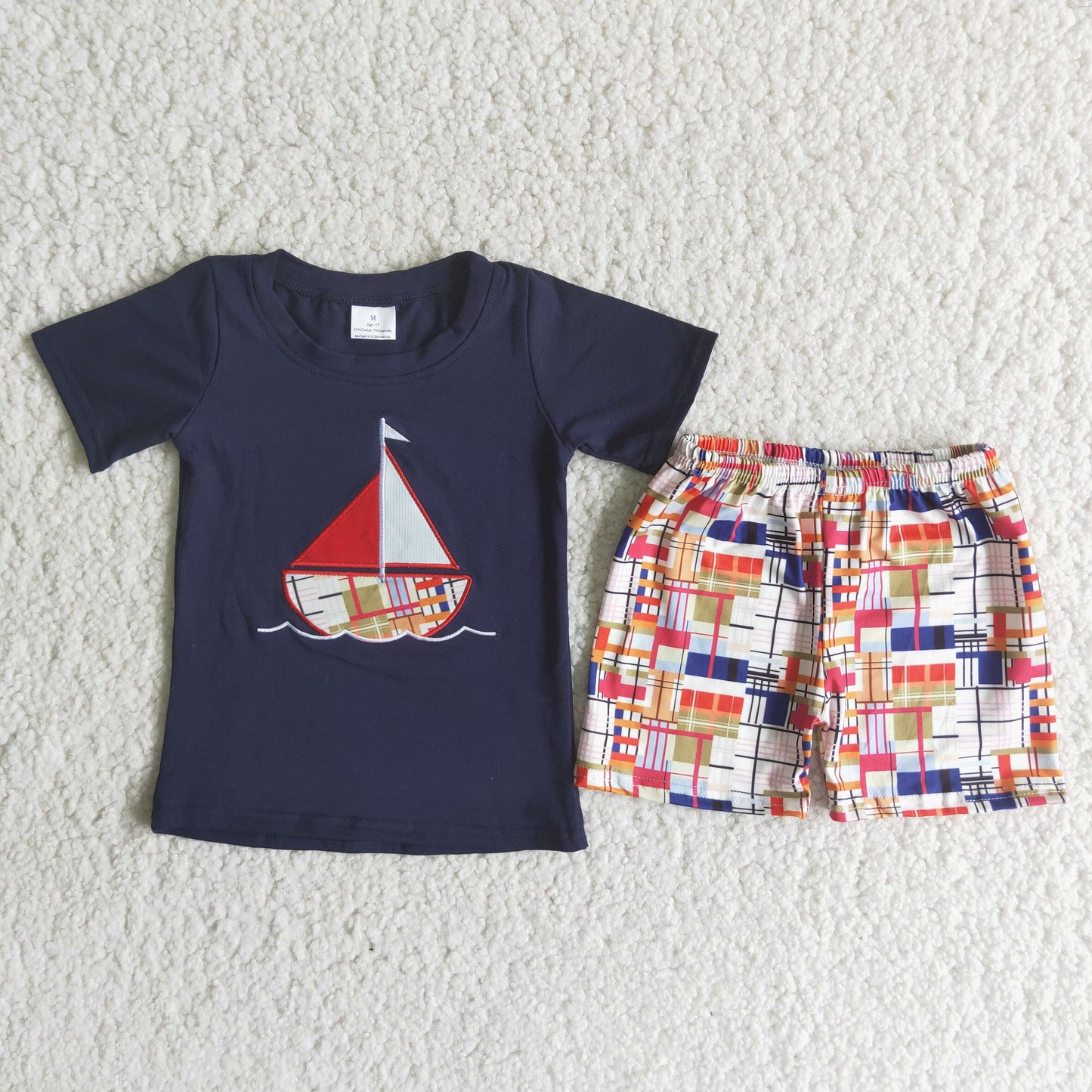 Boys navy cotton top sailboat embroideried summer outfits