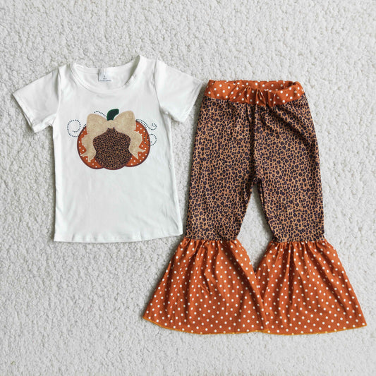 (Promotion)C10-14 Short top and bell bottom pants leopard pumpkin outfits