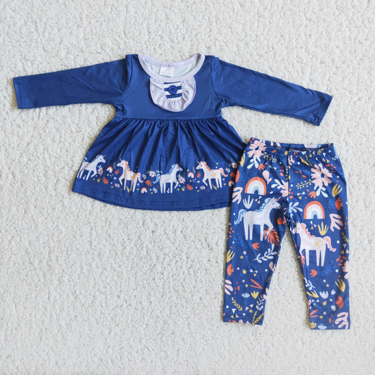 (Promotion) 6 B0-16 Unicorn Flowers Rainbow Print Blue Tunic Top Legging Pants Clothes Sets