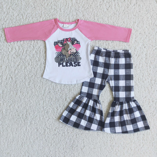 (Promotion)6 A25-29 Pink Heifer Please Top Black Plaid Pants Girls Clothes Sets