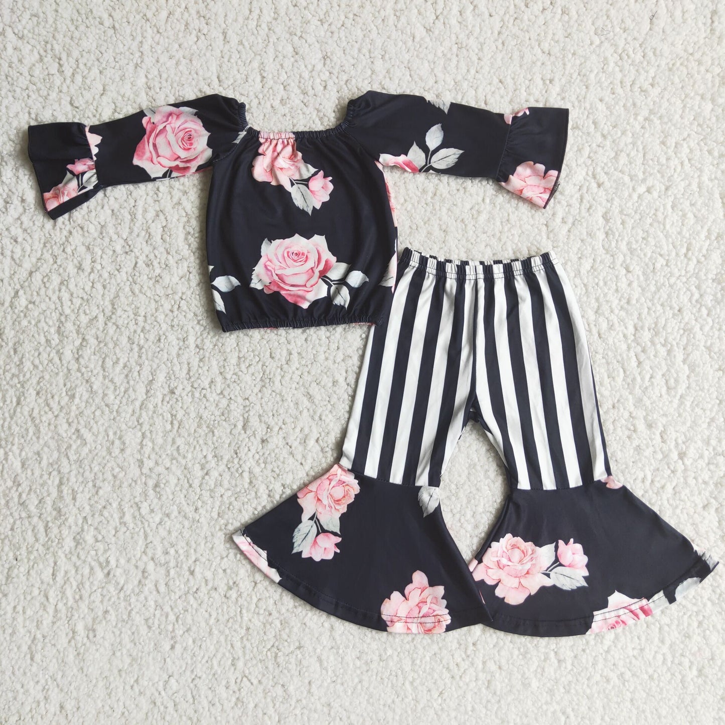 (Promotion)6 A29-2 Black Flowers Bell Bottom Pants Outfits