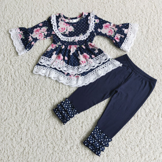 (Promotion)6 A24-17 Navy Floral Wave Tunic Icing Ruffle Leggings Girls Boutique Clothing Sets