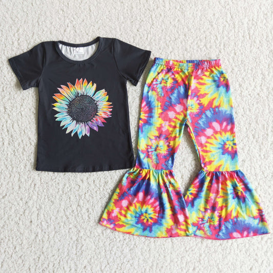 (Promotion) Sunflower top tie-dye bell bottom pants outfits  A6-24