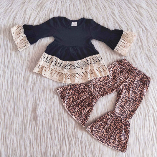 (Promotion)6 A16-30 Black Cotton Lace Ruffles Tunic Top Leopard Bell Pants Girls Fall Outfits