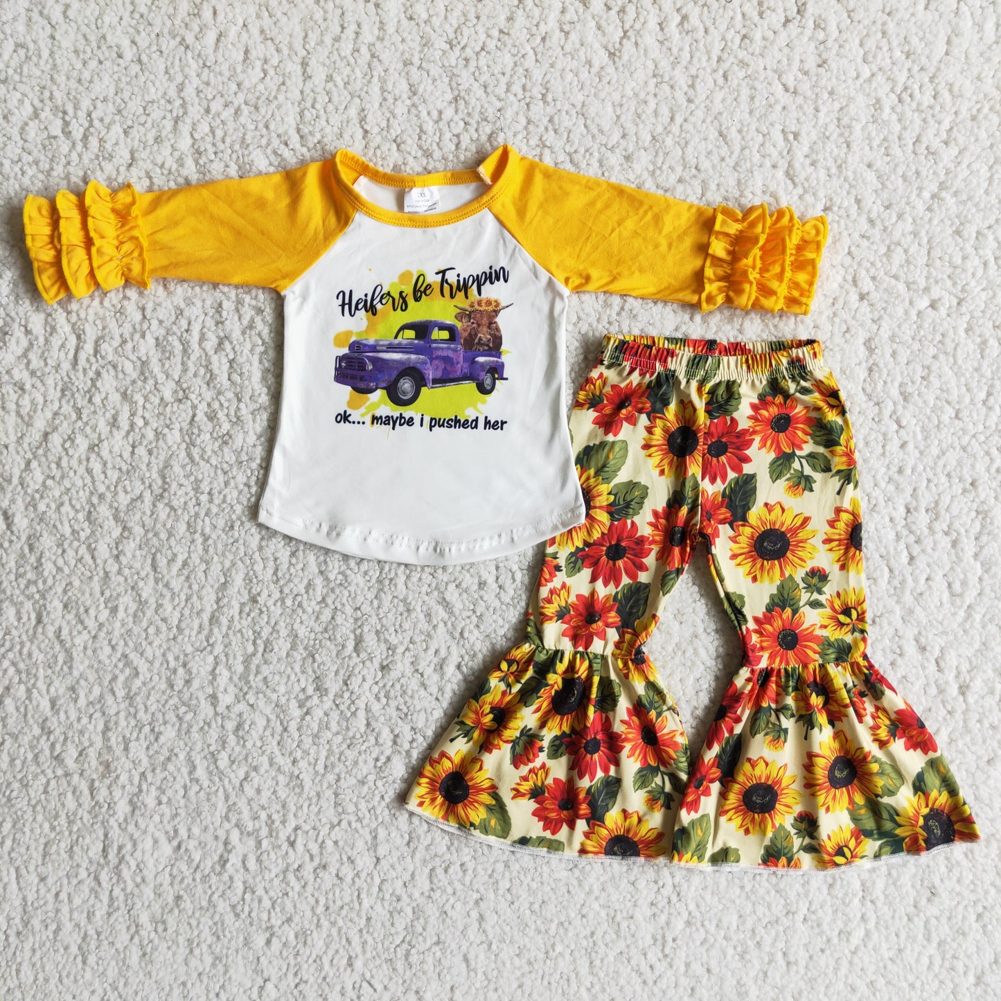 (Promotion) 6 B0-2 Heifer Truck Top Sunflowers Bell Pants Girls Clothes Sets