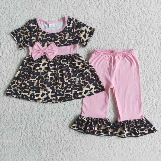(Promotion)Short sleeve leopard print ruffle pink pants outfits E3-2
