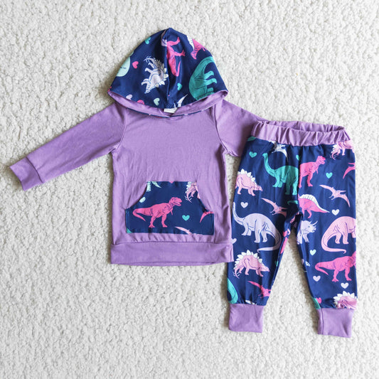 Girl's purple dinosaur print hooded outfits   6 A18-2