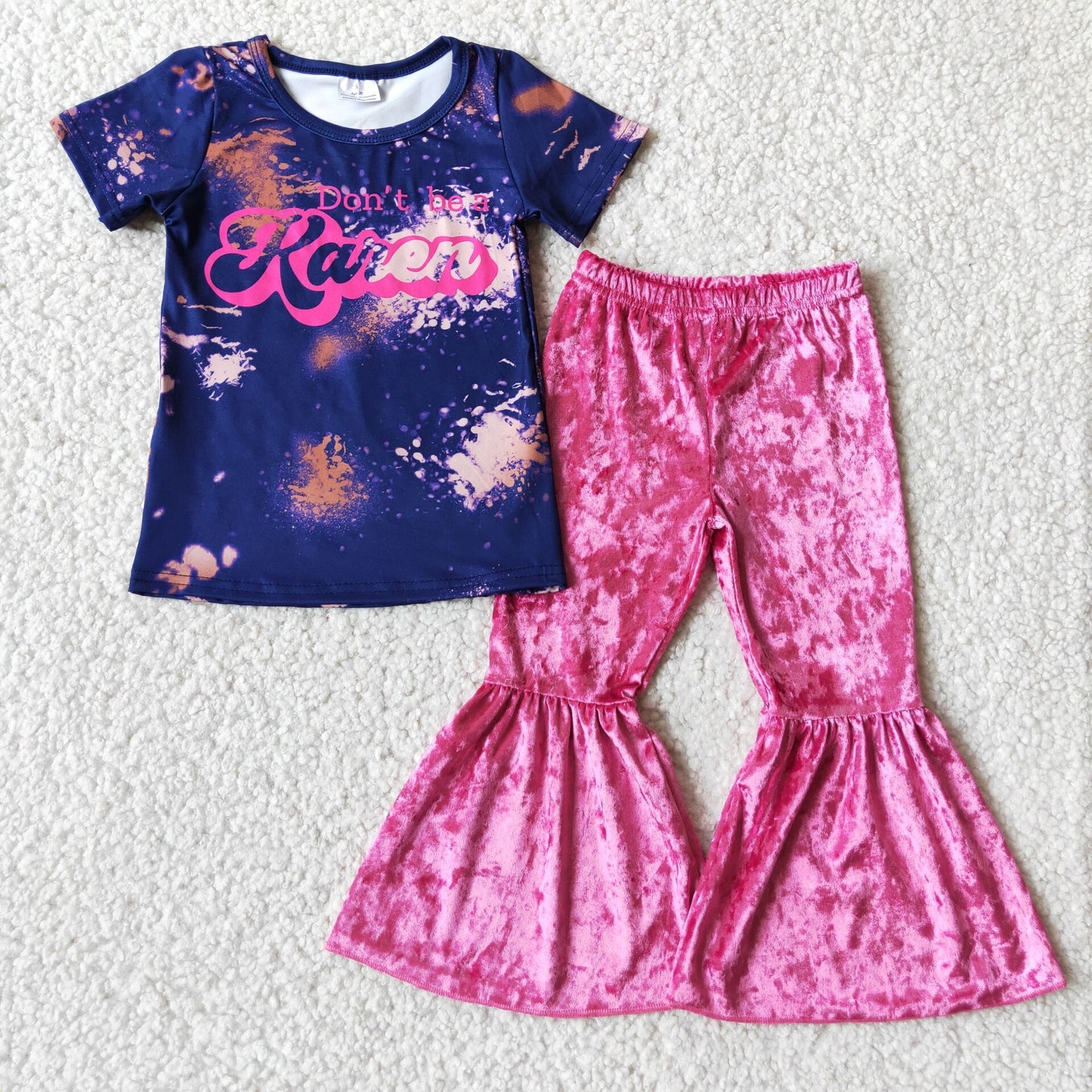 (Promotion) Tie-dye Top Hotpink Velvet Bell Bottom Pants Girls Outfits    A4-22