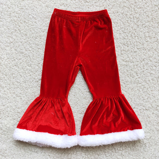 Christmas velvet red color white ruffle bell bottom pants  A4-10