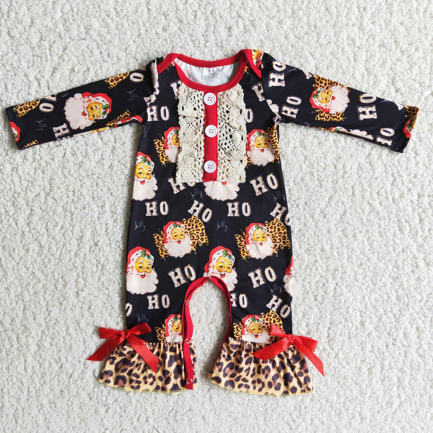 (Promotion)6 A19-17 HO HO HO Santa Leopard Baby Girls Christmas Romper