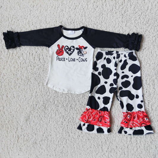 (Promotion) Peace love cows girls long sleeve ruffles pants outfits 6B12-29