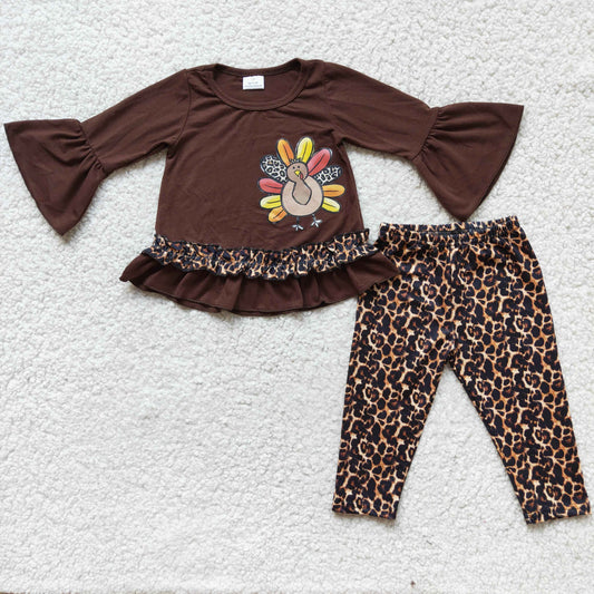(Promotion)6 A8-12 Turkey Vinyl Brown Top Leopard Legging Pants Girls Thanksgiving Clothing