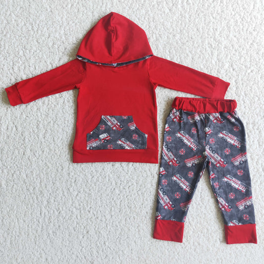 Boy's red fire truck print hooded outfits 6 C8-2