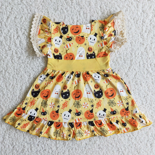 (Promotion)B10-9 Flutter Sleeve Tunic Pumpkin Halloween Knee Length Dress