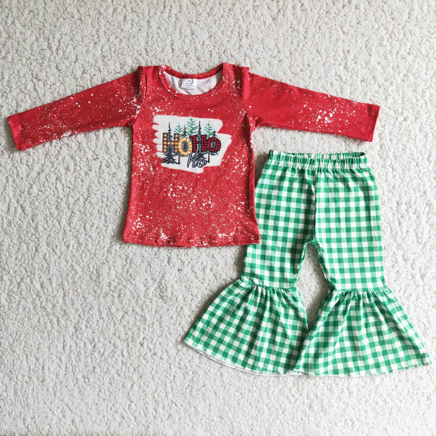 (Promotion) 6 C10-9 HO HO HO Christmas Tree Top Green Plaid Bell Pants Girls Outfits