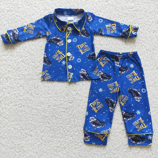 Blue Train Print Boys Buttons Christmas Pajamas Clothes Set  6 A11-19