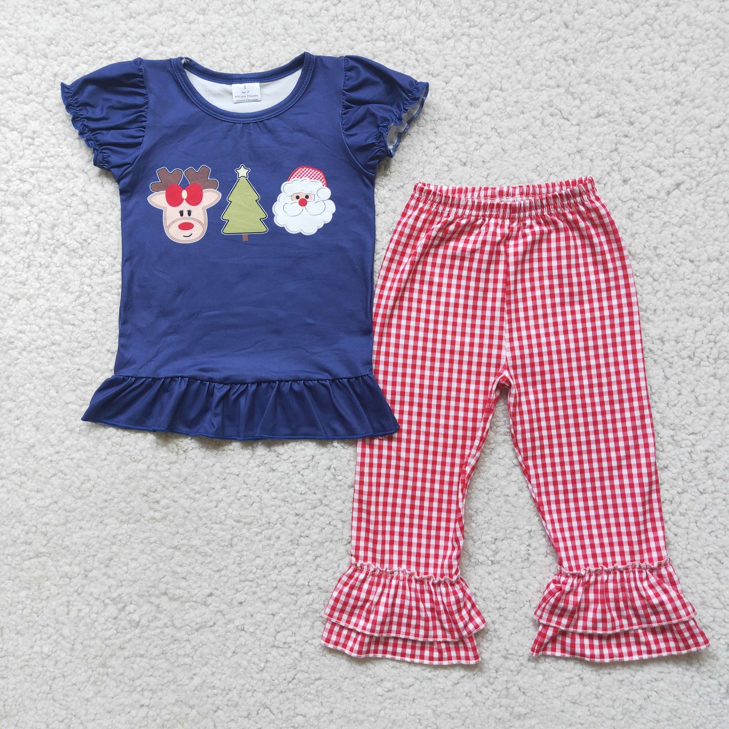 (Promotion) D1-2 Deer Santa Chritsmas Tree Navy Top Red Plaid Pants Girls Outfits