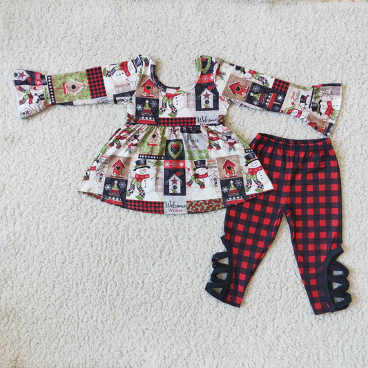 (Promotion)6 A2-16 Snowman Print Tunic Top Legging Pants Christmas Outfits