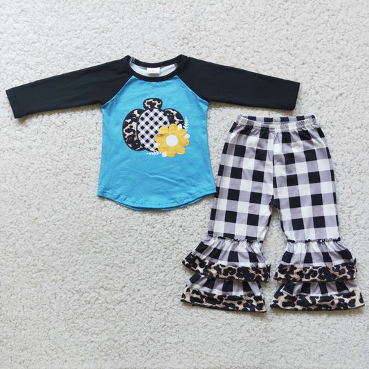 (Promotion) Pumpkin Blue Top Plaid Ruffles Pants Girls Fall Outfits   6 A2-17