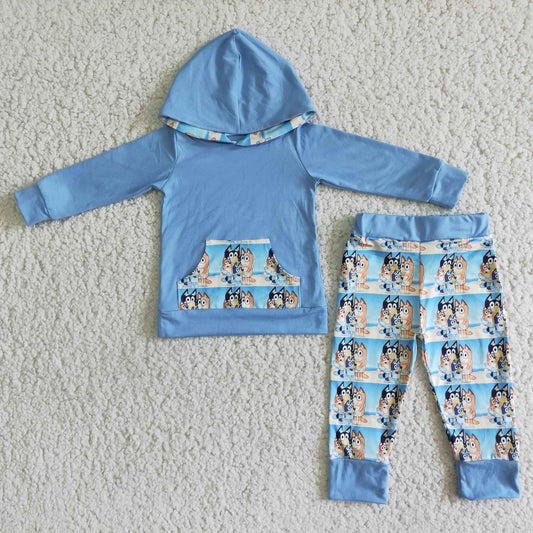 Boy's blue cartoon dog print hooded outfits   6 A2-12