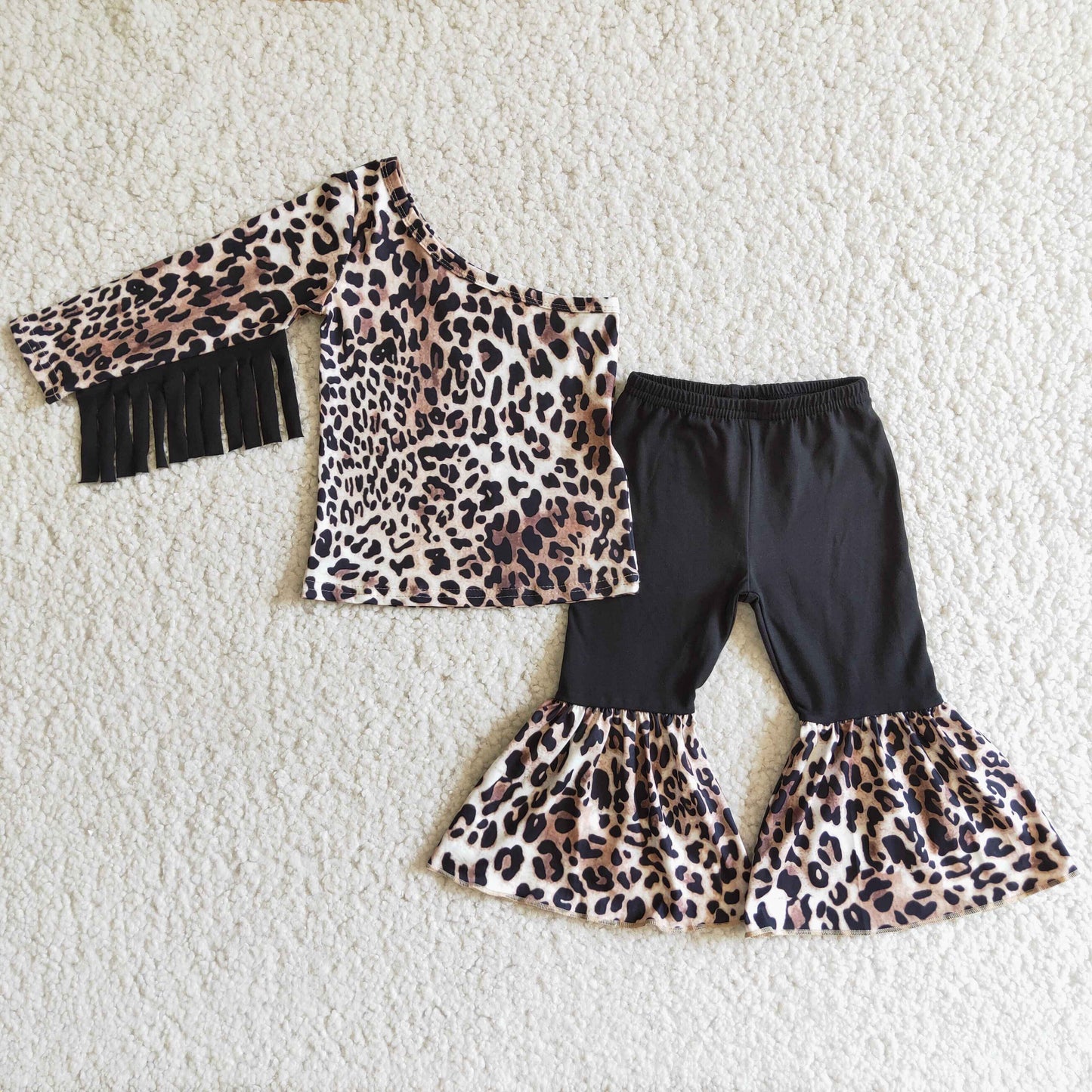 (Promotion)One-shoulder leopard tassels top bell bottom pants outfits  6 B1-20