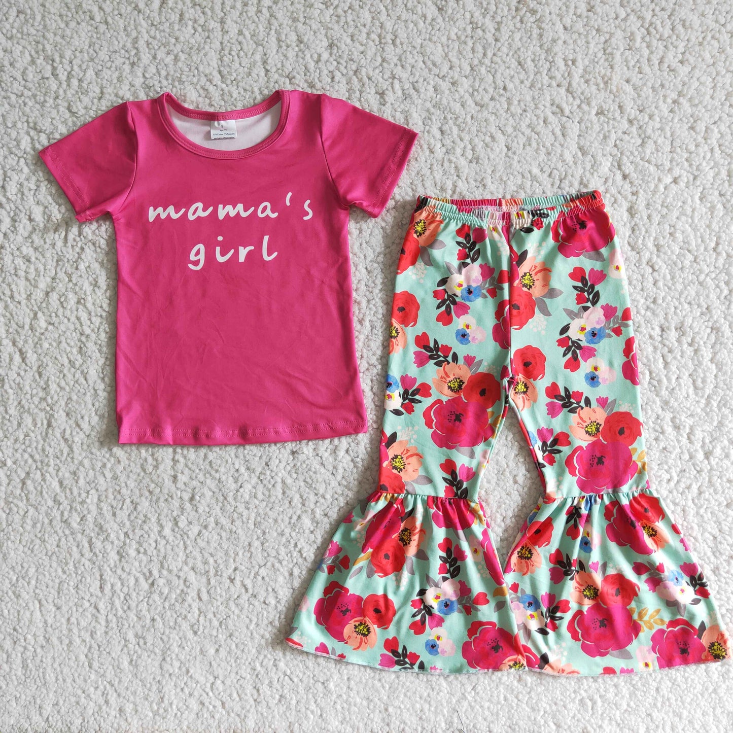 (Promotion)Mama's girl hot pink floral bell bottom pants outfits A6-23