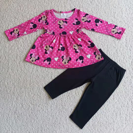 (Promotion)6 B1-1 Hot Pink Cartoon Mouse Tunic Top Black Legging Pants Clothes Sets