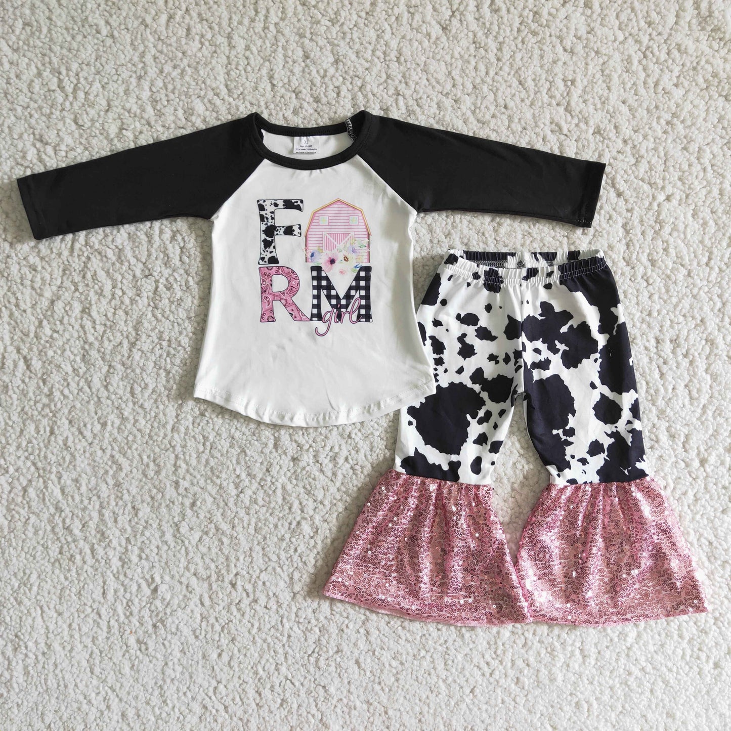 (Promotion) Farm cow print bell bottom sequin ruffle pants outfits   6 A6-15