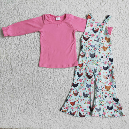 Girls pink cotton top chicken print overall design outfits 6 B4-5